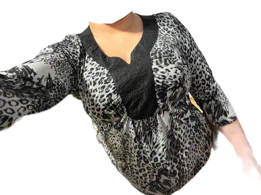 Cato Black White Leopard Cheetah Animal Print Lace Detail V Neck Top Large